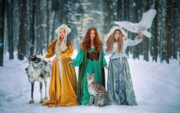 Beautiful Russian Girls, Snow, Deer, Lynx, Trio, Dress Wallpaper