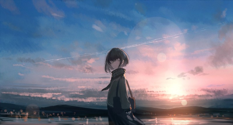 Anime Girl, School Uniform, Sunlight, Lens Flare, Sky, Anime Wallpaper