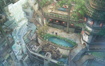 Industrial Era, Buildings, Garden, Fish Pond, Anime Wallpaper