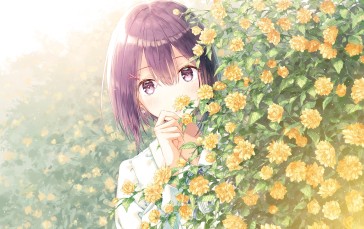 Anime Girl, Yellow Flowers, Short Purple Hair, Sunlight Wallpaper