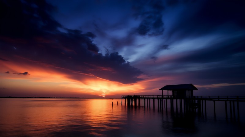 AI Art, Clouds, Sunset, Pier Wallpaper