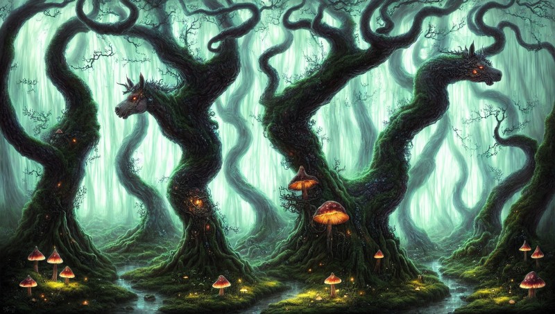 Spooky, Forest, Mushroom, Digital Art Wallpaper