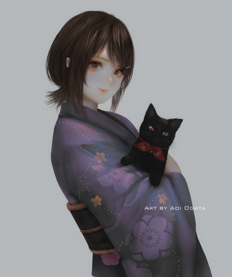 Aoi Ogata, 2D, Cats, Kimono, Anime Girls Wallpaper