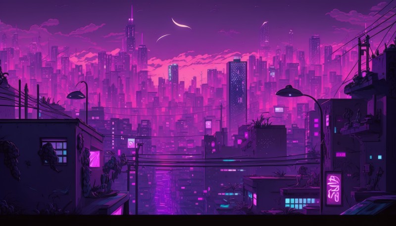 AI Art, City, Illustration, Purple Wallpaper