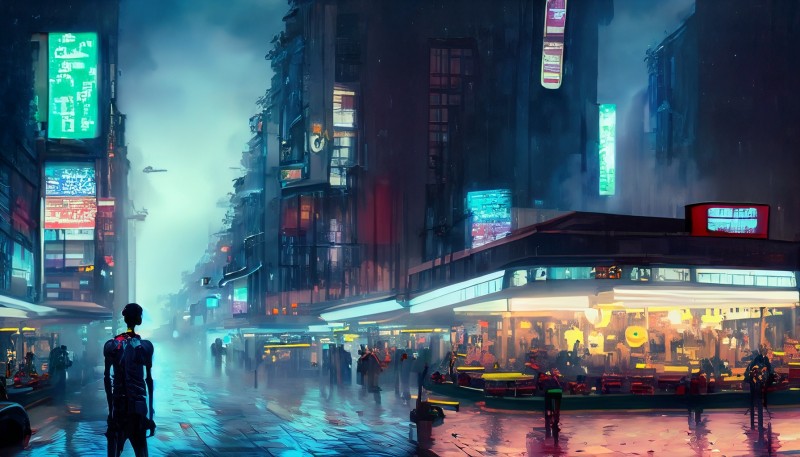 Dystopian, Neon, Rain, AI Art, City, Digital Art Wallpaper