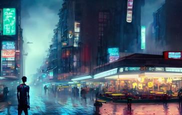 Dystopian, Neon, Rain, AI Art, City, Digital Art Wallpaper