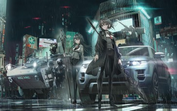 Anime City, Special Forces, Anime Girls, Futuristic, Raining, Heavy Vehicles Wallpaper