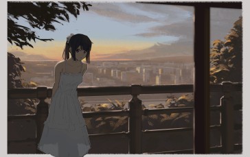 Anime Girls, Dawn, City, Looking at Viewer, Sunset Wallpaper