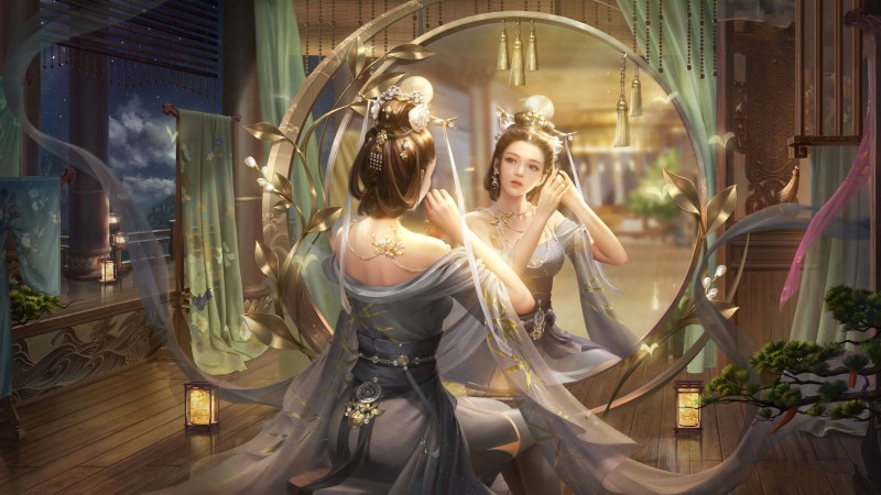 Asian, Hanfu, Women, Mirror Wallpaper