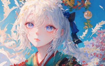 AI Art, White Hair, Anime, Anime Girls, Kimono, Flowers Wallpaper