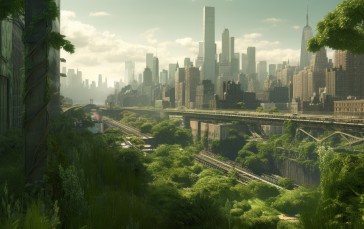 AI Art, City, Overgrown, Trees, Moss Wallpaper