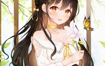Anime Girls, Flowers, Butterfly, Black Hair, Yellow Eyes, Choker Wallpaper