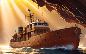 AI Art, Tug Boats, Boat, Water, Cave, Sun Rays Wallpaper