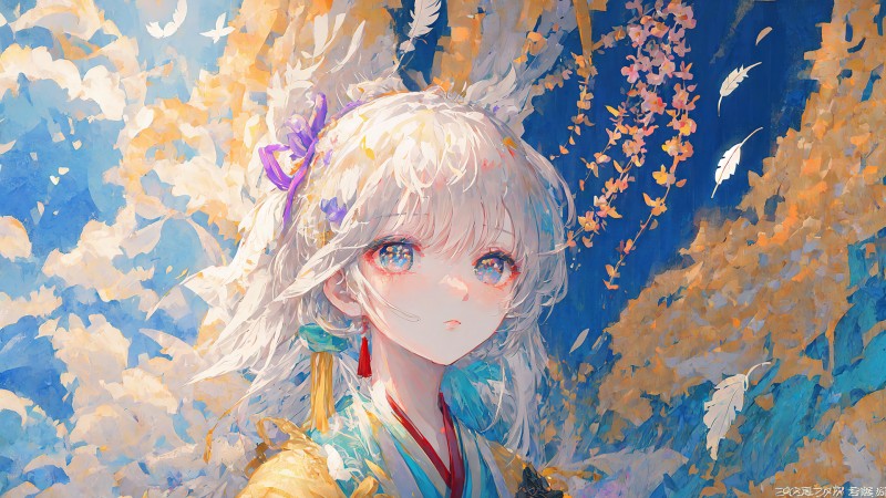 AI Art, White Hair, Hanfu, Anime Girls, Kimono Wallpaper