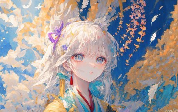 AI Art, White Hair, Hanfu, Anime Girls, Kimono Wallpaper