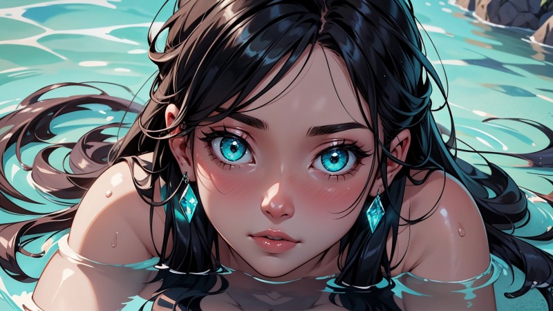 AI Art, Women, Blue Eyes, Water Wallpaper
