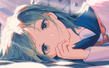 Hatsune Miku, School Uniform, Lying Down, Aqua Hair, Vocaloid Wallpaper