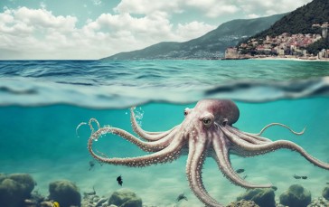 AI Art, Octopus, Underwater, Sea, Mediterranean Sea Wallpaper