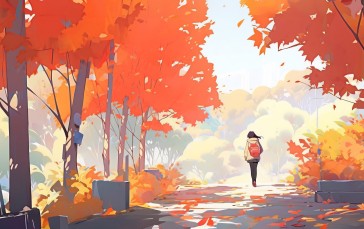 AI Art, Fall, Leaves, Orange, Women Wallpaper