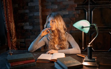 Blonde Looking Away, Lamp, Night, Book, Women Wallpaper