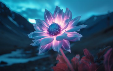 AI Art, Bioluminescence, Flowers, Mountains, Nature Wallpaper