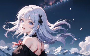 AI Art, Looking at Viewer, Silver Hair, Anime Girls, Clouds Wallpaper