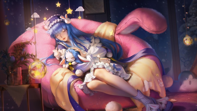 Honor of Kings, Anime, on Sofa, Blue Hair, Sleeping, Closed Eyes Wallpaper