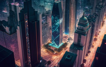 AI Art, Illustration, City, City Lights, Building Wallpaper