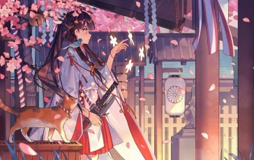 Anime, Anime Girls, Cats, Birds, Petals Wallpaper