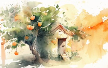 AI Art, Watercolor Style, Trees, Fruit, Leaves, Artwork Wallpaper
