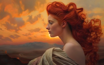 AI Art, Redhead, Sunset, Bare Shoulders, Wind Wallpaper
