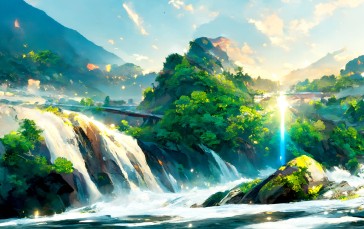 Green, Landscape, Waterfall, Nature Wallpaper