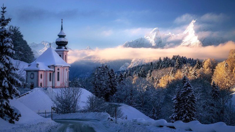 Snow, Mountain Chain, Church, Trees, Clouds, Natural Light Wallpaper