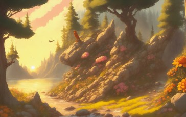 Sunset, Landscape, Flowers, Trees, AI Art, Nature Wallpaper