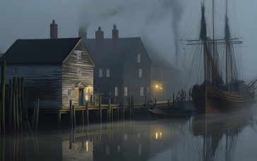 AI Art, Illustration, Ship, Harbor, Mist Wallpaper