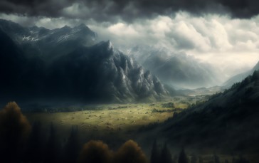 AI Art, Mountains, Shadow, Landscape, Nature Wallpaper