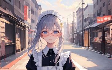 Anime, Anime Girls, AI Art, Glasses, Street Wallpaper