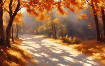 Fall, AI Art, Leaves, Warm Colors, Landscape, Trees Wallpaper