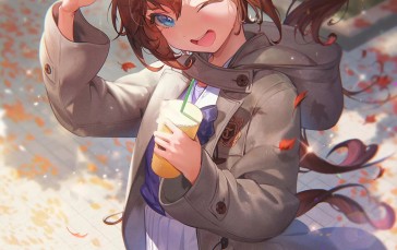 Anime Girls, Uma Musume Pretty Derby, Tokai Teio (Uma Musume), One Eye Closed, Leaves, Drink Wallpaper