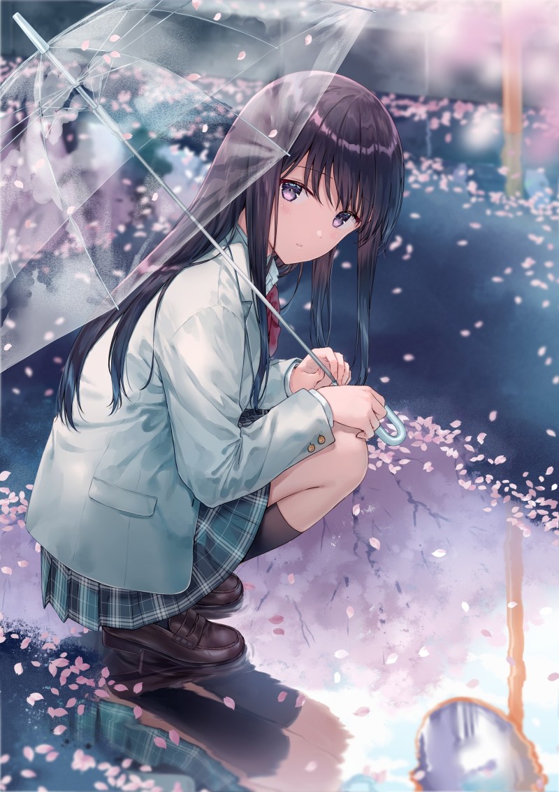 Anime, Anime Girls, Umbrella, Petals, Purple Hair, Blue Eyes Wallpaper