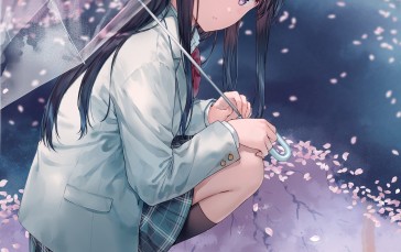 Anime, Anime Girls, Umbrella, Petals, Purple Hair, Blue Eyes Wallpaper
