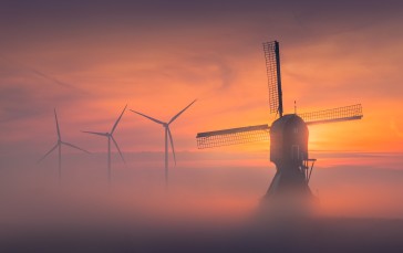 Windmill, Mist, Sunset, Sunset Glow Wallpaper