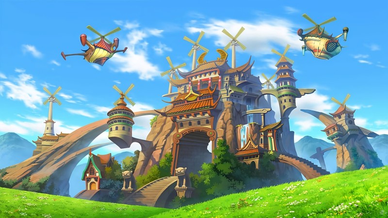 Pockie Ninja, Anime City, Anime Sky, Grass, Clouds Wallpaper