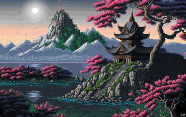 Pixel Art, Building, Trees, Mountains Wallpaper