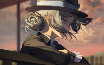 Anime Girls, Silver Hair, Hat, Looking Away, Sunset, Sunset Glow Wallpaper