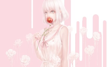 Anime Girl, Pastel Colors, Flower, Short Hair Wallpaper