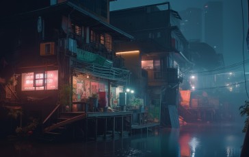 AI Art, City, Water, Slum Wallpaper