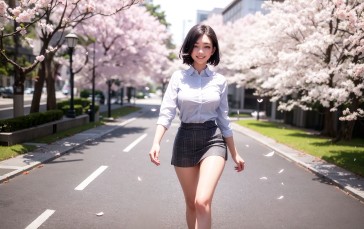 AI Art, Women, Asian, Smiling, Looking at Viewer, Road Wallpaper