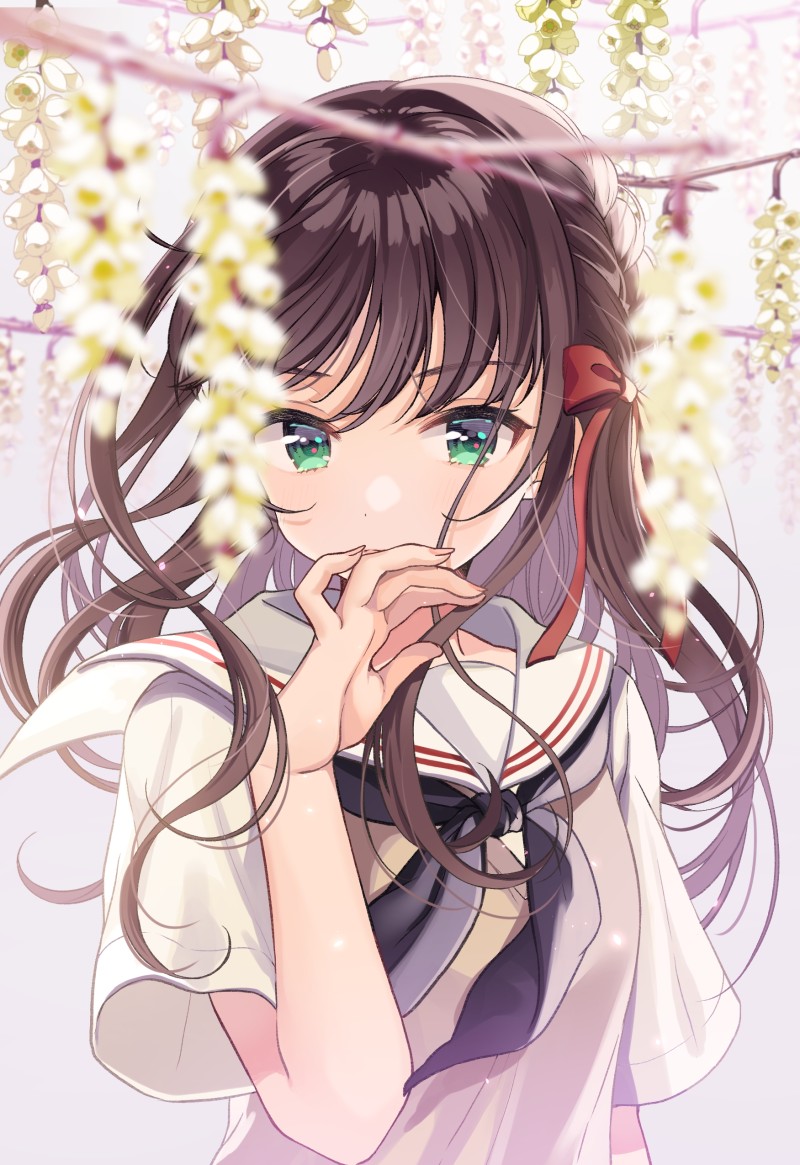 Anime Girl, Flowers, Brown Hair, School Uniform, Green Eyes Wallpaper