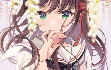 Anime Girl, Flowers, Brown Hair, School Uniform, Green Eyes Wallpaper